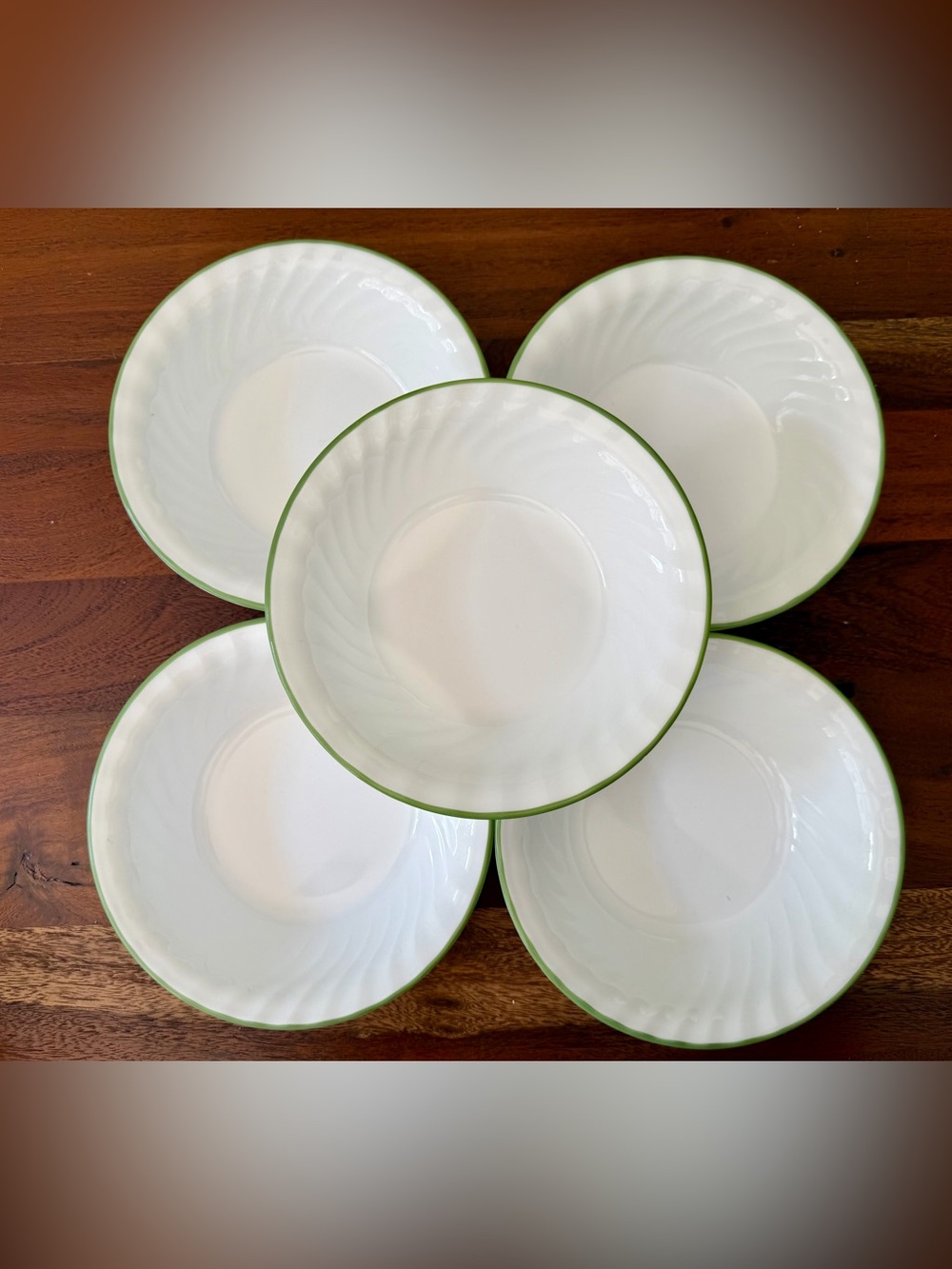 CORELLE CHUTNEY SOUP CEREAL BOWLS LOT OF 5 SWIRL GREEN RIM USA
